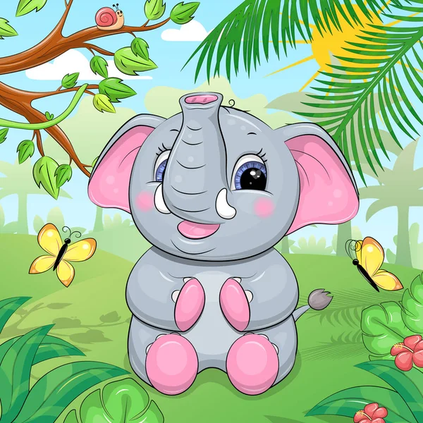 Милий Мультяшний Слон Тропічних Лісах Векторна Ілюстрація Тварини Природі Деревами — стоковий вектор