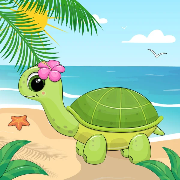 Linda Tortuga Verde Dibujos Animados Con Flor Tropical Playa Ilustración — Vector de stock