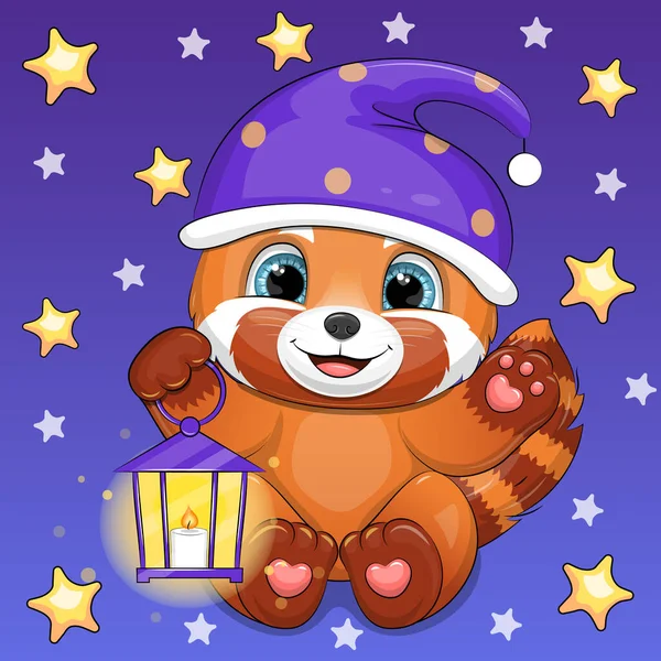 Simpatico Cartone Animato Rosso Panda Indossa Berretto Notte Possesso Una — Vettoriale Stock