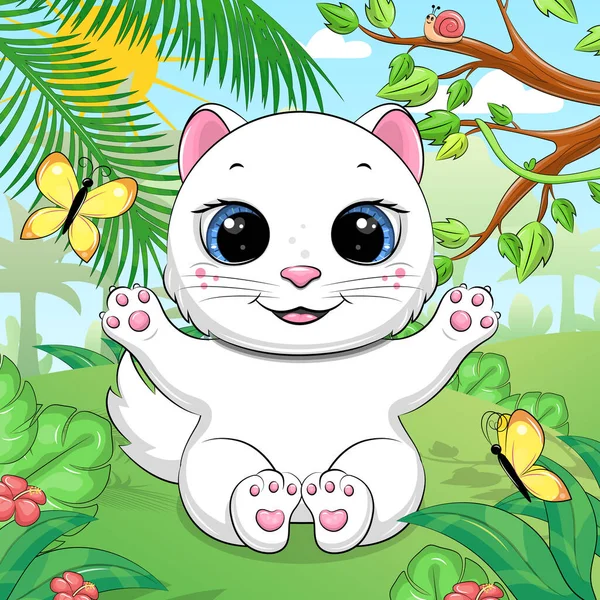 Carino Cartone Animato Gatto Bianco Natura Illustrazione Vettoriale Animale Sfondo — Vettoriale Stock