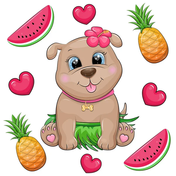 Desenhos Animados Bonitos Cachorrinho Havaiano Com Flor Tropical Saia Verde —  Vetores de Stock