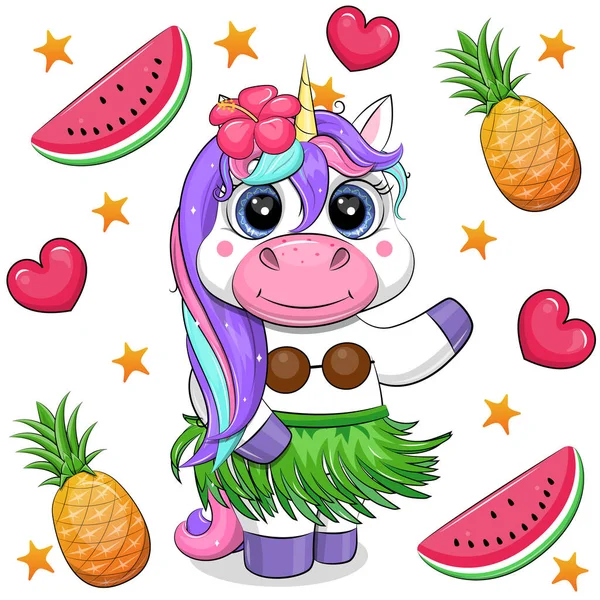 一个可爱的卡通夏威夷独角兽 有热带花和绿色的裙子 周围有心脏 星星和水果 白色背景上有西瓜和菠萝的动物的向量图 — 图库矢量图片