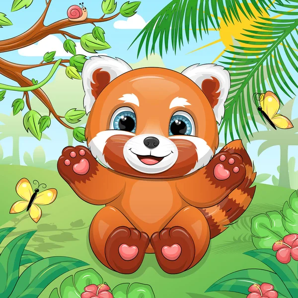 Lindo Panda Rojo Dibujos Animados Encuentra Bosque Tropical Ilustración Vectorial — Archivo Imágenes Vectoriales