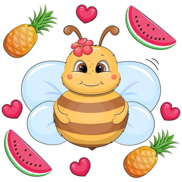Cute Cartoon Bee Flower Surrounded Fruits Red Hearts Summer Insect — Stock Vector