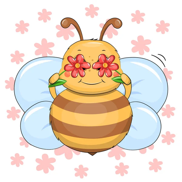 かわいい漫画蜂は2つの花を保持する 花のある白い背景に動物のベクトル図 — ストックベクタ