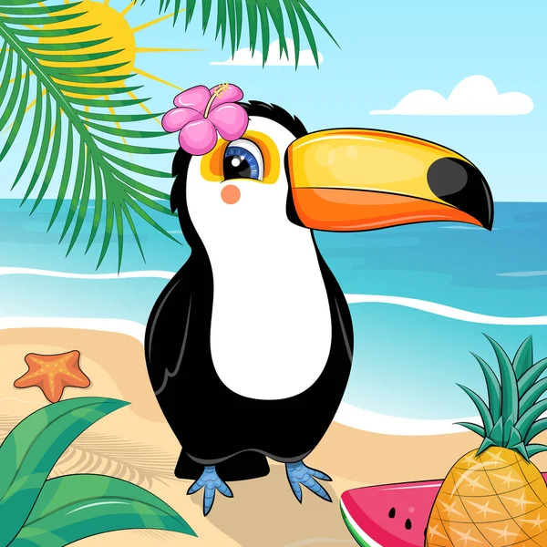 A cute cartoon toucan with a tropical flower and fruits stands on the beach. Summer vector illustration of bird in nature with sun, palm tree, sand, sun and starfish.