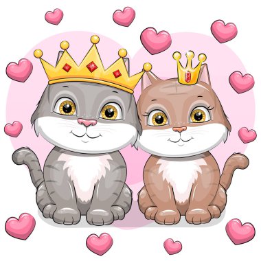 Tatlı çizgi film kedileri kralı ve taç takan kraliçe çift. Pembe arka planda, kalpleri olan hayvanların vektör illüstrasyonu.