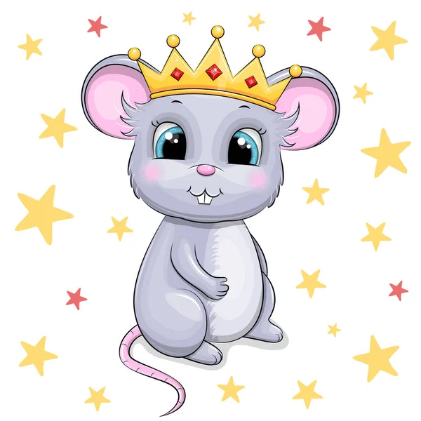 Cute Cartoon King Mouse Vector Illustration Animal White Background Stars — Stock Vector