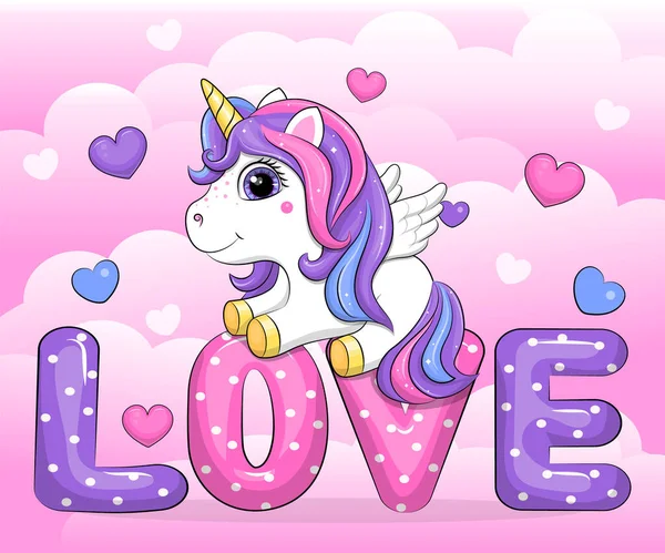 Palabra Amor Lindo Unicornio Dibujos Animados Con Alas Ilustración Vectorial — Vector de stock