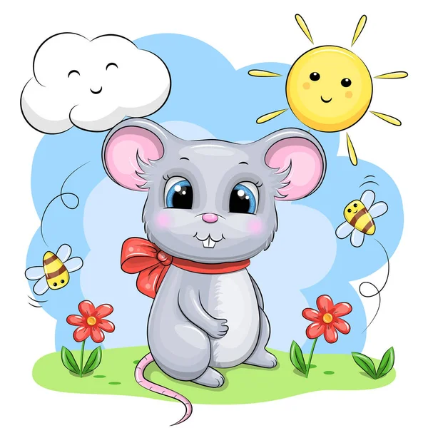 stock vector Cute cartoon mouse with a red bow in nature. Vector illustration of an animal with flowers, bees, sun and cloud on a blue background.