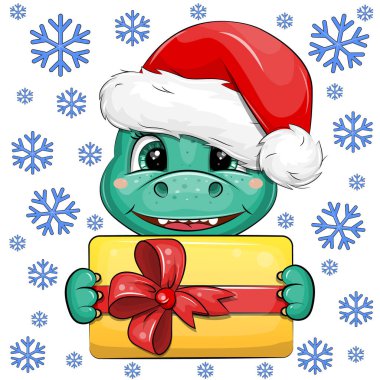 Noel Baba şapkalı şirin yeşil ejderha elinde bir Noel hediyesi tutuyor. Beyaz zemin üzerinde mavi kar taneleriyle yeni yıl hayvan vektör çizimi.