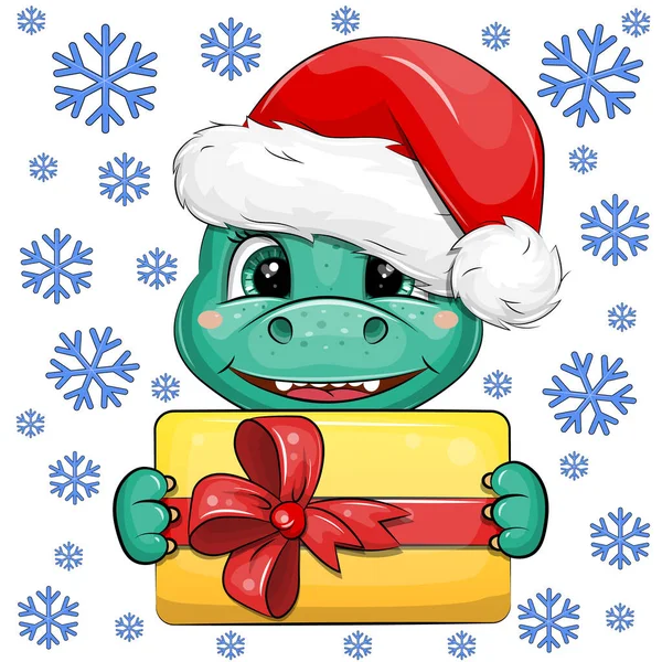 Cute Cartoon Green Dragon Santa Hat Holding Christmas Present New — Stock Vector