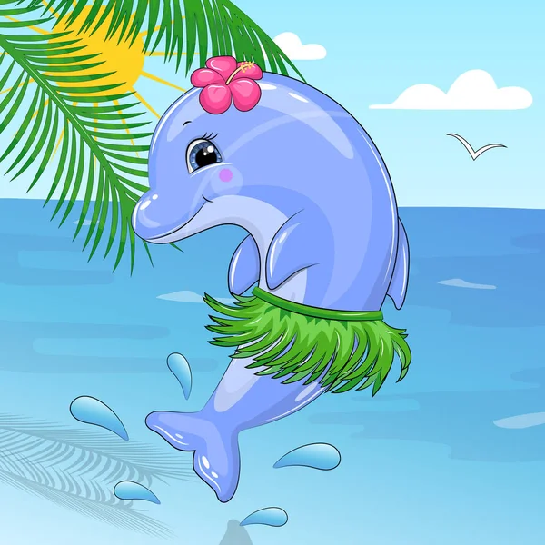 Bonito Golfinho Cartoon Com Flor Tropical Saia Verde Natureza Ilustração — Vetor de Stock