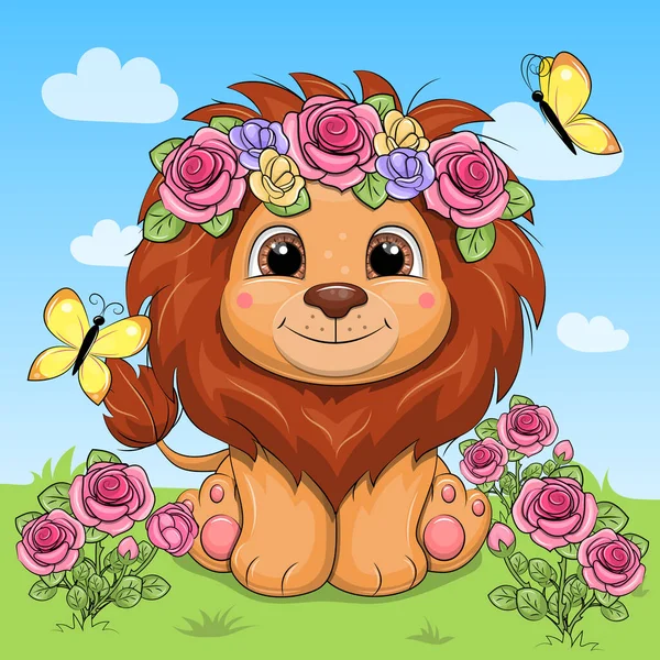 Leão Bonito Dos Desenhos Animados Com Uma Coroa Flores Borboletas — Vetor de Stock