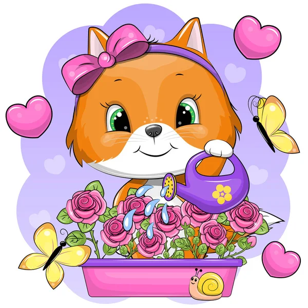 Χαριτωμένη Αλεπού Καρτούν Ποτίζει Λουλούδια Εικονογράφηση Διάνυσμα Ενός Ζώου Μωβ — Διανυσματικό Αρχείο