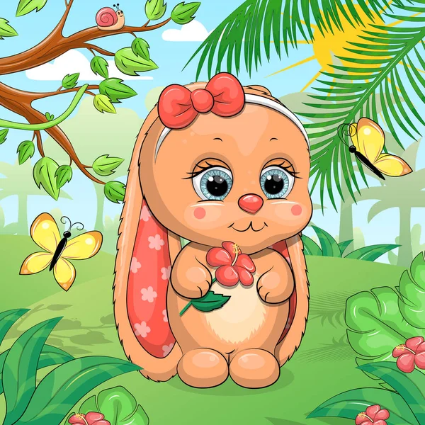 Cute Cartoon Bunny Hair Bow Holding Tropical Flower Vector Illustration — Stock Vector