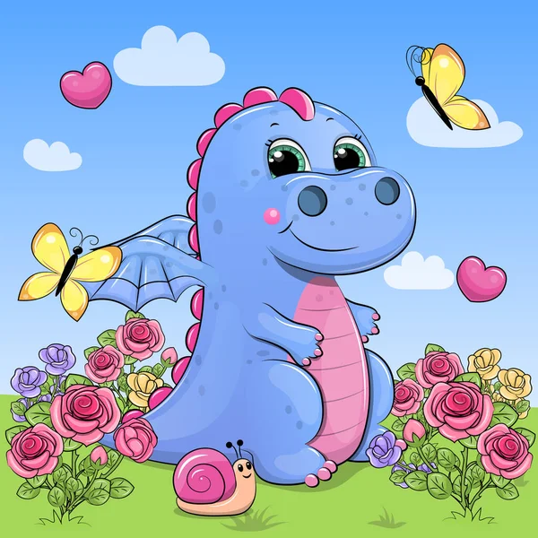 Cute Cartoon Blue Dragon Rose Garden Vector Illustration Animal Nature — Stock Vector