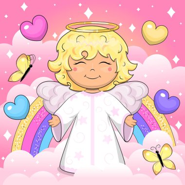 Tatlı bir çizgi roman meleği bulutun üzerinde duruyor. Bulutları, gökkuşağını, yıldızları ve kelebekleri olan pembe bir arka planda vektör çizimi.