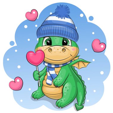 A cute cartoon green dragon in a warm hat and scarf is holding a heart-shaped lollipop. Vector illustration of an animal on a blue background with white dots and pink hearts. clipart