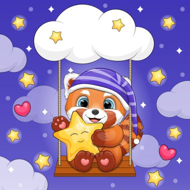 Gece içkisindeki şirin kırmızı panda sarı yıldızı tutuyor ve salıncağa oturuyor. Koyu mavi arka planda bulutlu ve yıldızlı bir hayvanın gece vektör çizimi.