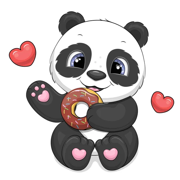 可爱的卡通熊猫吃甜甜圈 白色背景上的动物和两颗红心的向量图 — 图库矢量图片