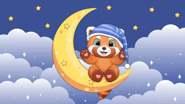 キャップの中には可愛い赤いパンダが月に座っています 雲と星と青い空の夜の服の動物の夜のベクトルイラスト — ストックベクタ