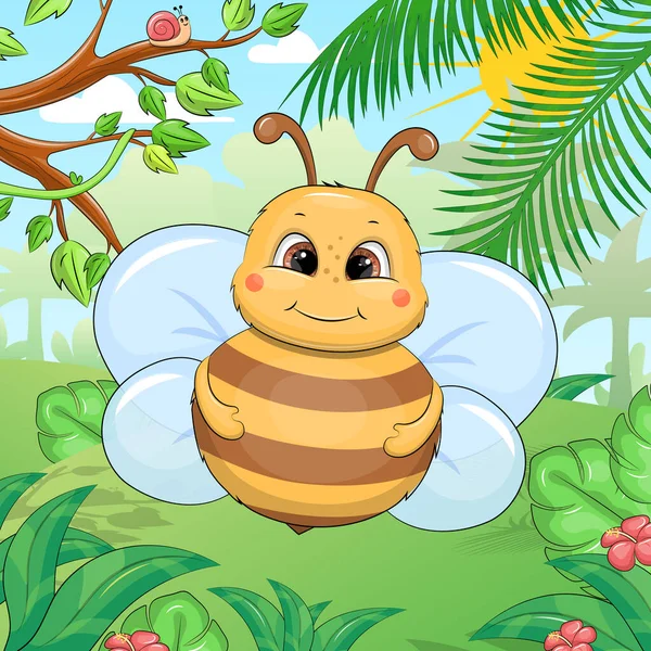 Cute Cartoon Bee Nature Vector Illustration Animal Garden Trees Flowers — Stock Vector