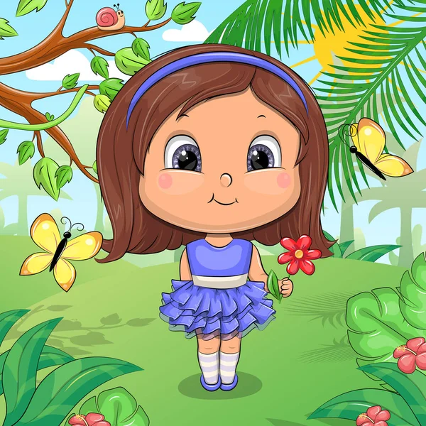 Cute Cartoon Girl Blue Dress Headband Stands Park Vector Illustration — Stock Vector