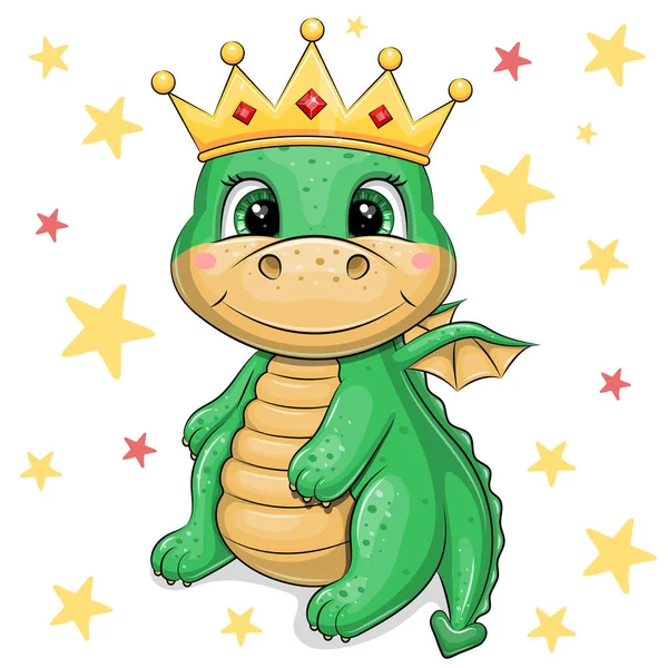 Bonito Desenho Animado Rei Dragão Verde Vestindo Uma Coroa Dourada —  Vetores de Stock
