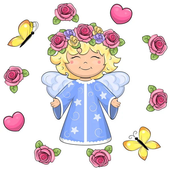 一个戴着花环的可爱的卡通人物站在玫瑰色的框架中 有着粉色的心和黄色的蝴蝶 在白色背景上孤立的向量图 — 图库矢量图片