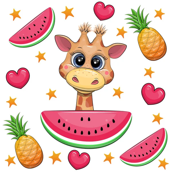 Cute Cartoon Giraffe Fruits Hearts Stars Summer Vector Illustration Animal — Stock Vector