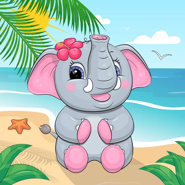 Ein Niedlicher Cartoon Elefant Mit Einer Blume Sitzt Strand Sommer — Stockvektor