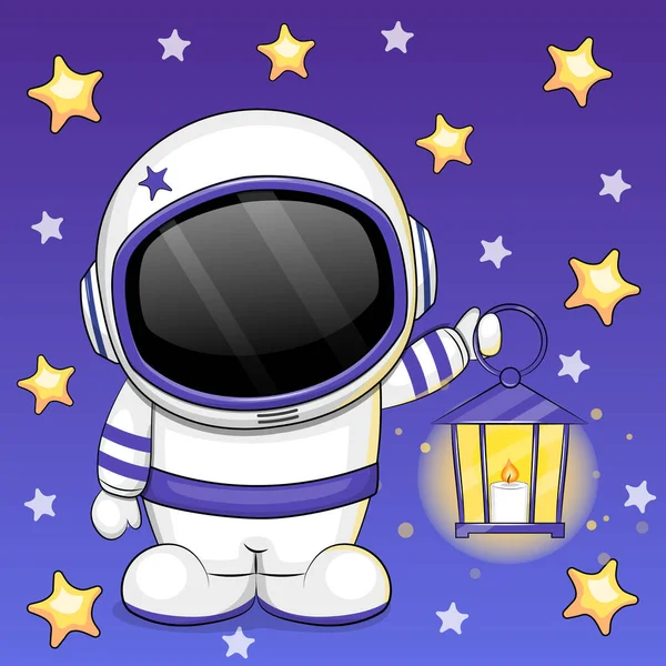 提灯を持ったかわいい漫画の宇宙飛行士 黄色の星と濃い青の背景に動物の夜のベクトルイラスト — ストックベクタ