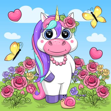 Gül bahçesinde şirin tek boynuzlu at çizgi filmi. Doğada çiçekli, kalpli ve kelebekli beyaz bir hayvanın vektör çizimi.