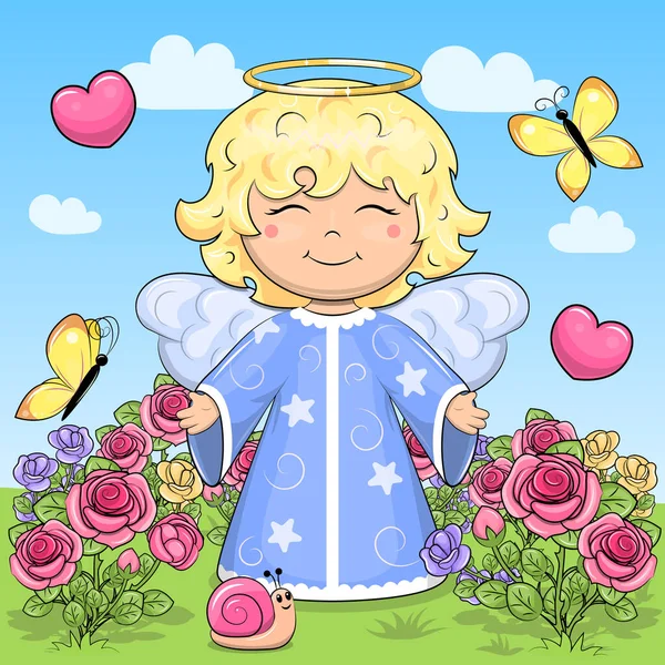 ハートと蝶とバラの庭でかわいい漫画の天使 青い空と白い雲と春の風景のベクトルイラスト — ストックベクタ