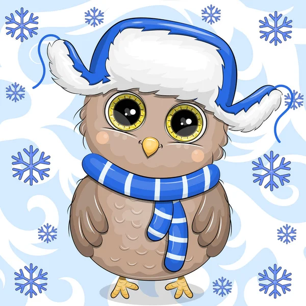 耳フラップ付き青い冬の帽子でかわいい漫画の赤ちゃんフクロウ 雪で覆われた白い背景に動物のベクトル図 — ストックベクタ