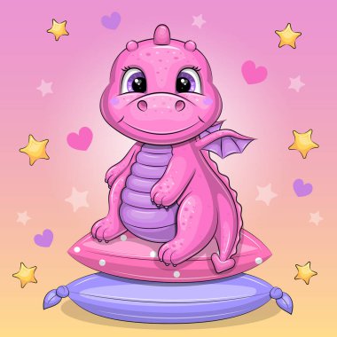 Yastıkların üzerinde sevimli pembe çizgi film ejderhası. Pembe arka planda, kalbi ve yıldızları olan bir hayvanın vektör çizimi.