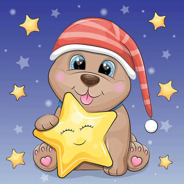 キャップの中にかわいい漫画の犬が黄色い星を持っています 星のある濃い青の背景の動物の夜のベクトル図 — ストックベクタ