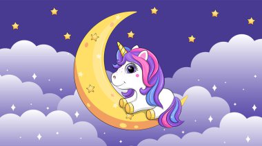 Gece gökyüzünde Ay 'da şirin tek boynuzlu at çizgi filmi. Koyu mavi arka planda bulutlu ve yıldızlı bir hayvanın gece vektör çizimi.