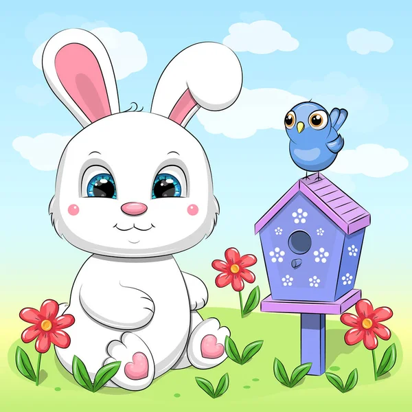 鳥の家と青い鳥とかわいい漫画の白いウサギ 赤い花と青い空を持つ自然の中で動物のベクトルイラスト — ストックベクタ