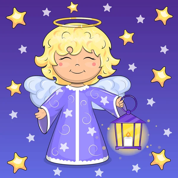 提灯を持つかわいい漫画の小さな天使 夜のベクトル図上の濃い青の背景と黄色の星 — ストックベクタ