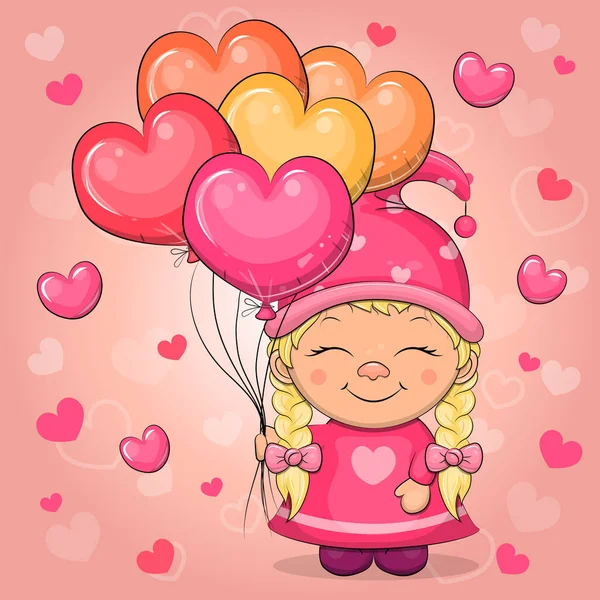 Menina Bonito Gnomo Cartoon Com Balões Forma Coração Ilustração Vetorial — Vetor de Stock
