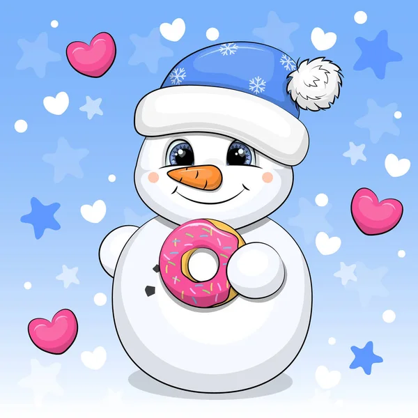 青い帽子のかわいい漫画の雪だるまはピンクのアイシングのドーナツを持っています 星と心を背景にベクトルイラスト — ストックベクタ