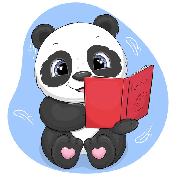Cute Cartoon Panda Reading Red Book Vector Illustration Animal Blue — Stock Vector