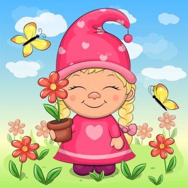 Çiçek saksısı tutan sevimli çizgi film cücesi kız. Doğada çiçekli ve kelebekli cüce bir kadının vektör çizimi.