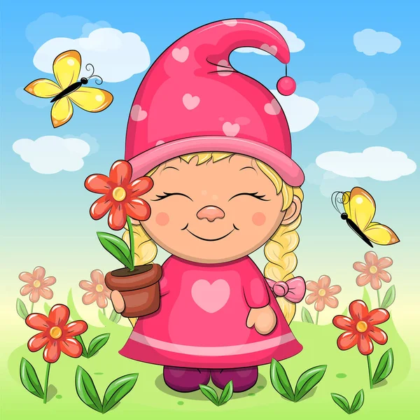 可爱的卡通侏儒女孩拿着花盆 一个带着花和蝴蝶的自然界中的矮女人的矢量图解 — 图库矢量图片