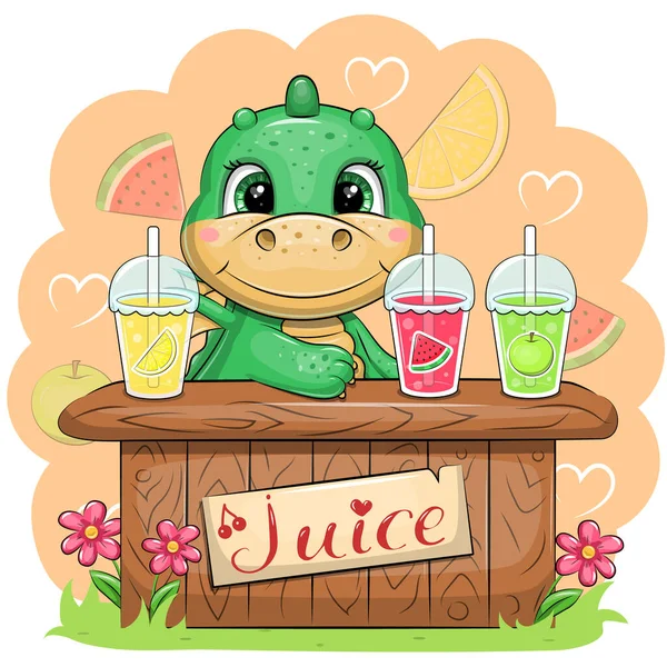 Cute Cartoon Green Dragon Sells Juice Vector Illustration Animal Orange — Stock Vector