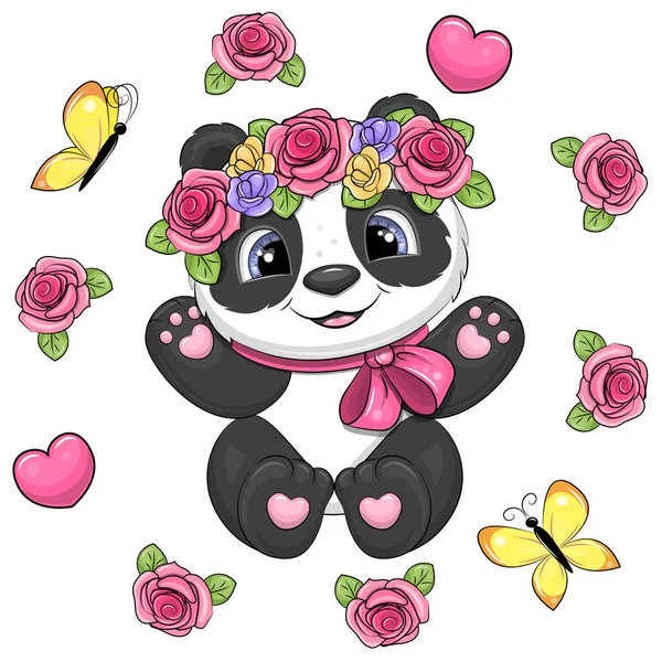 可爱的卡通熊猫 花环中的玫瑰与蝴蝶和心脏的花框 白色背景动物的矢量图解 — 图库矢量图片