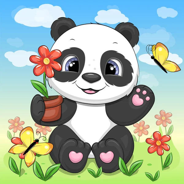 Lindo Panda Dibujos Animados Tiene Una Maceta Ilustración Vectorial Animales — Archivo Imágenes Vectoriales