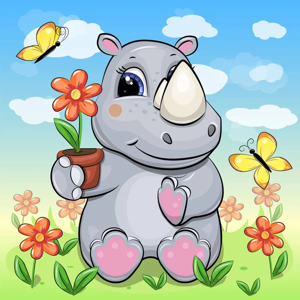 Rinoceronte Desenho Animado Bonito Com Vaso Flores Ilustração Vetorial Animal — Vetor de Stock